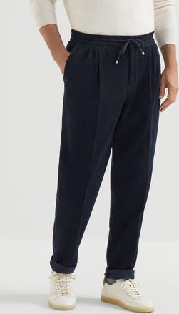 Brunello Cucinelli Garment-dyed trousers in cotton narrow wale corduroy with drawstring and double pleats in Navy Blue at Nordstrom, Size 54