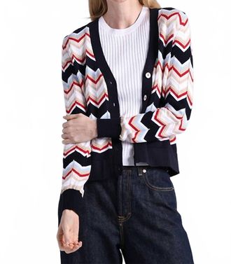 Minnie Rose Chevron V-Neck Cardigan In Navy Combo