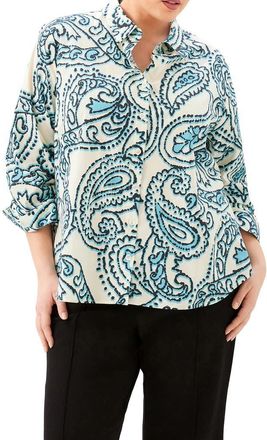 Karen Kane Ruched Sleeve Cotton Button-Up Shirt in Print at Nordstrom, Size 3 X
