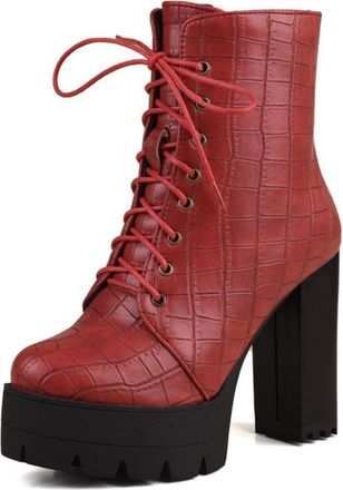 Generic Womens Fashion Ankle Boots Faux Leather Crocodile Pattern Lace Up Block Heels Platform Comfortable Anti Slip Wear Resistant For Party Daily Street Sty