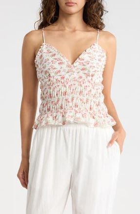Madden Girl Floral Smocked Cotton Camisole in White Combo at Nordstrom Rack, Size X-Large