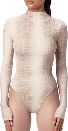 Naked Wardrobe Naked Snakeskin Print Long Sleeve Bodysuit in Bone Croc at Nordstrom Rack, Size Medium