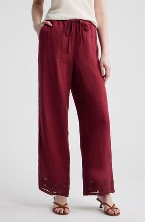 Rails Emmie Embroidered Linen Drawstring Pants in Berry Hibiscus Embroidery at Nordstrom, Size Xx-Small