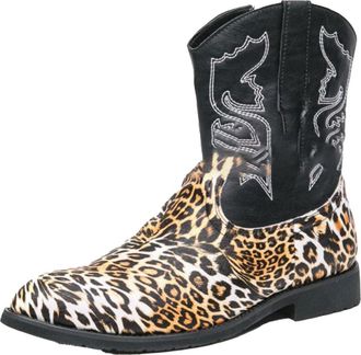 Generic Mens Round Toe Western Cowboy Boots Low Block Heel Short Boots PU Leather Mid-Calf Boot with Side Zipper,Black,5.5 UK