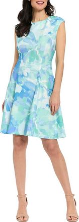 London Times Floral Cap Sleeve Fit & Flare Dress in Sage/Vista Blue at Nordstrom Rack, Size 14