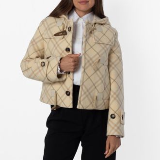 Burberry All Over Check Pattern Wool Blend Hooded Jacket, Brand Size 8 ( US Size 6 )
