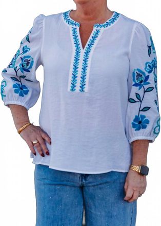 Multiples 3/4 Puff Sleeve Embroidered Top In White