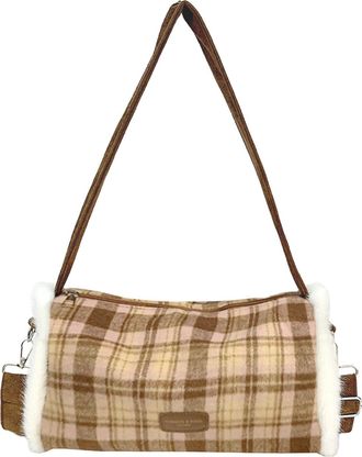Generic Cymwer Autumn Plaid Crossbody Bag Cylindrical Bag with Zipper Closure for Women (Khaki)