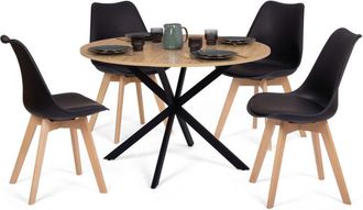 IDMarket Tavolo da pranzo rotondo ALIX 110 cm in legno e nero e set di 4 sedie SARA nere
