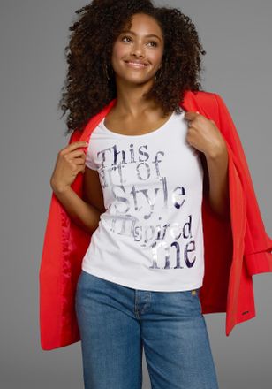 Laura Scott T-Shirt LAURA SCOTT, Damen, Gr. 32, weiss (wei&szlig;), Jersey, Obermaterial: 95% Baumwolle, 5% Elasthan, bedruckt, sehr figurbetont h&uuml;ftlang, Rundhals, abg