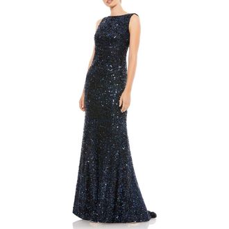 Mac Duggal Cowl Back Boat Neck Sequined Evening Gown in Midnight at Nordstrom, Size 14