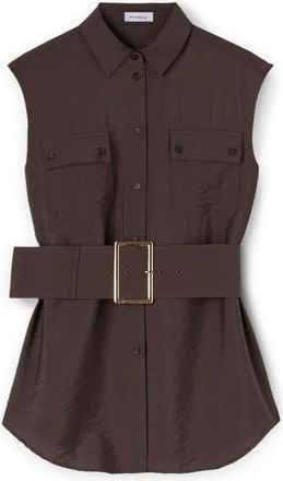 Motivi Mouwloze overhemdblouse met riem - Dames - Overhemden - Bruin - XS - Satijn - Overhemden