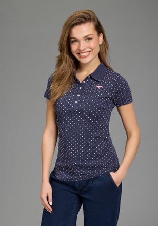 Kangaroos Poloshirt KANGAROOS, Damen, Gr. 32/34, blau (marine, wei&szlig;, gepunktet), Rippware, Obermaterial: 100% Baumwolle, bedruckt, figurbetont h&uuml;ftbedeckend, Sh