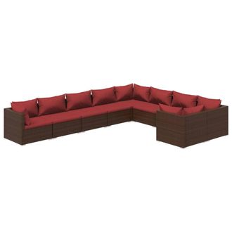 vidaXL Set Muebles De Jard&iacute;n 9 Piezas Y Cojines Rat&aacute;n Sint&eacute;tico Marr&oacute;n Vidaxl