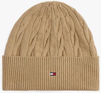 Tommy Hilfiger Mens Cable Knit Wool-Cotton Blend Beanie - Beige