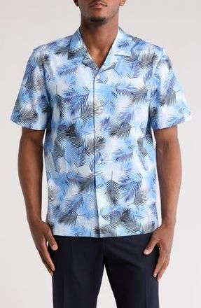 Bugatchi Leaf Print Camp Shirt in Air Blue at Nordstrom Rack, Size Xxx-Large