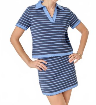 English Factory Stripe Polo Scalloped Hem Sweater In Blue
