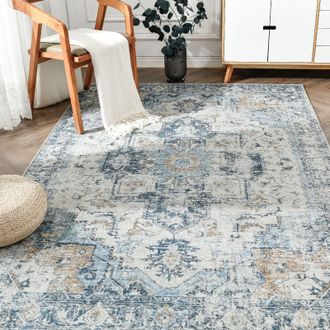 Jinchan Area Rug 4x6 Persian Rug Vintage Rug Indoor Floor Cover Print Distressed Carpet Blue Thin Rug Chenille Mat Foldable Accent Rug Lightweight for Kitchen
