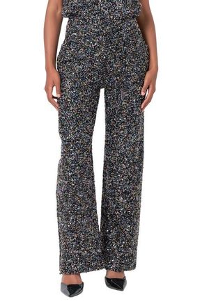 endless rose High Waist Wide Leg Boucl&eacute; Tweed Pants in Black Multi at Nordstrom, Size Large