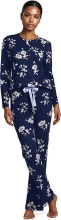 Lands End Knit 2 Piece Pajama Set - Long Sleeve Top and Pants in Deep Sea/ivory Floral at Nordstrom, Size Xx-Small