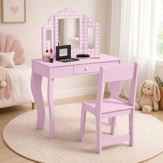 STILVORA Childrens Dressing Table with Stool & Mirror in Pink