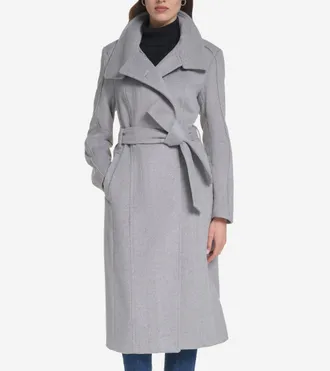 Cole Haan Womens Zip Up Closure Asymmetric Slick Wool Belted Coat - Grey Size 14