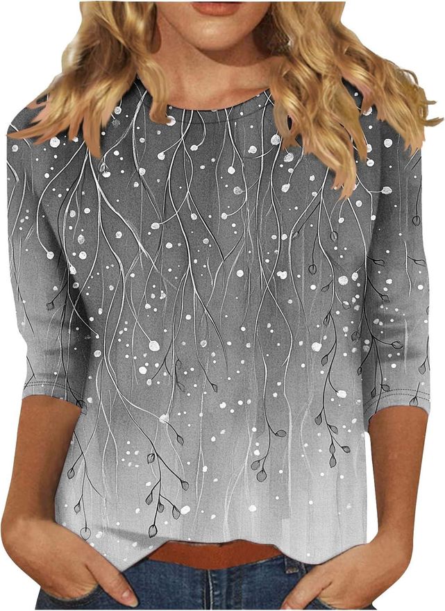 Womens t Shirts Boho Tops for Women UK Loose Fit 3/4 Sleeve Crewneck Shirts Vintage Print Blouse Slim Fit Beach Vacation Dark Gray Womens Tops Size 16