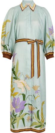 Alemais Alemais Alfie Belted Printed Linen Midi Shirt Dress - Blue - 16 (UK16 / XL)