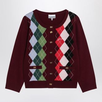 Ganni Burgundy Checked Cardigan In Blend