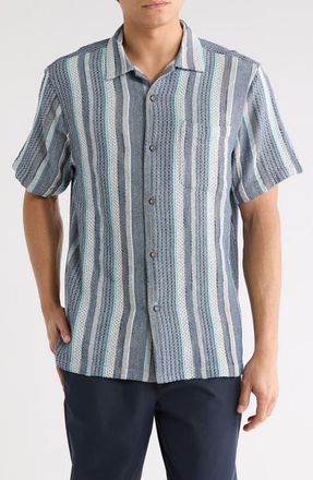 Tommy Bahama Milano Textured Stripe Cotton Camp Shirt in Kingfish at Nordstrom, Size Xx-Large