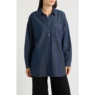 Eileen Fisher Organic Cotton Denim Long Shirt in Dark Indigo at Nordstrom, Size Xx-Small