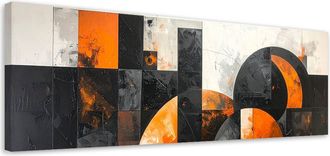 Feeby Cuadro Sobre Lienzo, Abstracci&oacute;n C&iacute;rculos Negro Naranja, 120x40