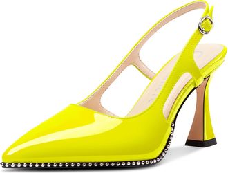 Castamere Womens Slingback Chunky High Heels Close Pointed Toe Dressy Pumps Wedding Party Shoes 9 CM Heels Yellow 6.5 UK