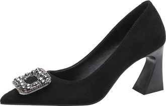 Generic Qynthra Womens Suede Block Heel Pointed Toe Pumps with Crystal Buckle Court Shoes for Office Work and Evening Reception Memory Foam Insole Wide Fit 5c