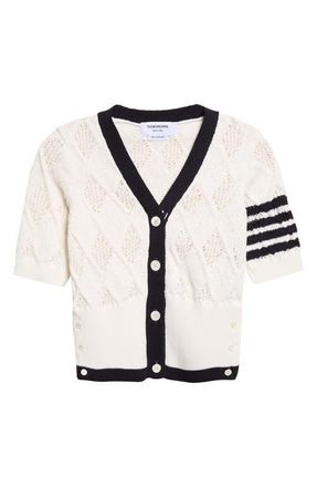 Thom Browne 4-Bar Argyle Pointelle Stitch Short Sleeve Cardigan in White at Nordstrom, Size 10 Us