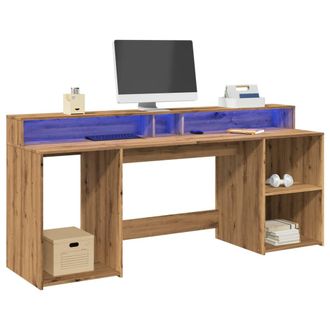 Berkfield Home Desk with LED Lights Artisian Oak 200x55x91 cm Engineered Wood in Brown | Size: 200 x 55 x 91 cm