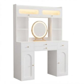 Urban Meuble Tocador moderno blanco con espejo redondo led bluetooth y 4 cajones