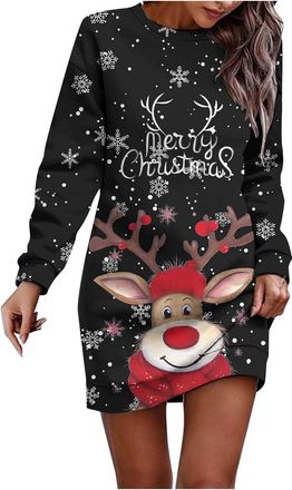 Generic Christmas Dresses for Women Oversized Christmas Dress Long Sleeve Jumper Crew Neck Xmas Graphic Print Sweatshirt Winter Casual Midi Dress Party Costum