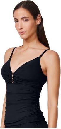 Gottex Tutti Frutti V-Neck Gold Beaded Tankini Top in Black at Nordstrom, Size 14