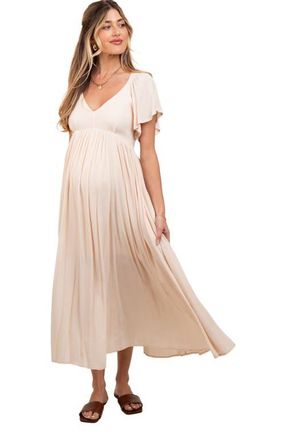 Pinkblush V-Neck Flutter Short Sleeve Midi Dress in Cream at Nordstrom, Size Medium