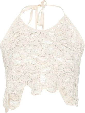 Patrizia Pepe Tops, Dames, Beige, S, Katoen, Floral Crochet Top