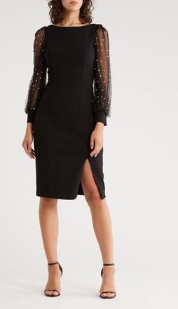 Eliza J Beaded Long Sleeve Midi Sheath Dress in Black at Nordstrom Rack, Size 8