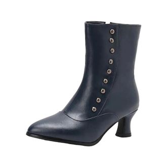 Generic Womens Casual Mid Calf Boots Pointed Toe High Square Heel With Side Zipper Rivet Detail And Platform Daily Booties
