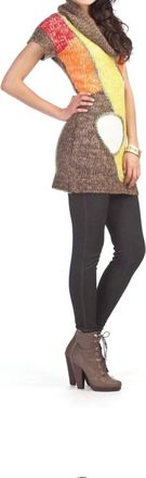 Papillon Cowl Neck Chunky Knit Geo Pattern Sweater Dress In Multi