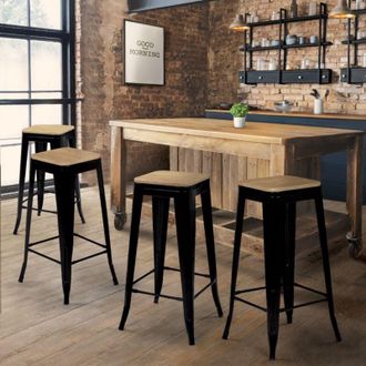 IDMarket Lote De 4 Taburetes De Bar Leny De Metal Negro Mate, Asiento De Madera Apilable, Acabado De F&aacute;brica