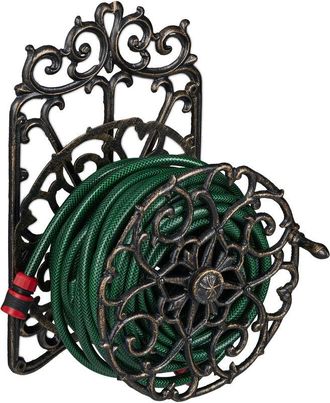 Relaxdays Enrollador De Manguera, Para Pared, Giratorio, Carrete, Hierro Fundido, 52x33x31 Cm, 1 Ud., Negro-dorado - Relaxdays
