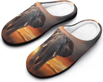 Generic Elephant Sunset Mens Soft Cotton Slippers with Memory Foam Anti-skid House Shoes for Travel Indoor Outdoor