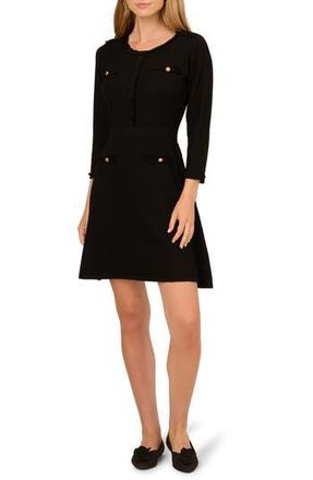 Adrianna Papell Waffle Knit Three-Quarter Sleeve Minidress in Black at Nordstrom Rack, Size Medium