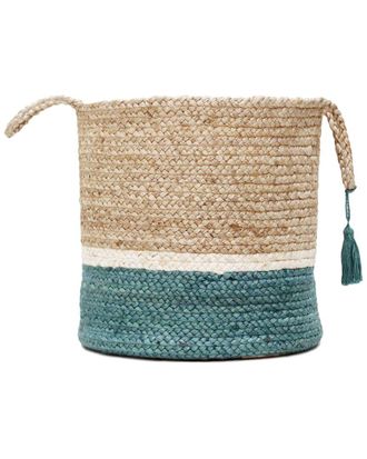 LR Home Teal And Natural Jute Color Block Storage Basket With Handles