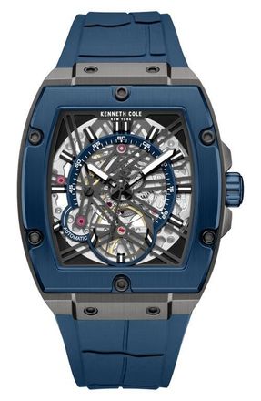 Kenneth Cole Skeleton Blue Tonneau Automatic Silicone Strap Watch, 41.5mm x 53.5mm at Nordstrom